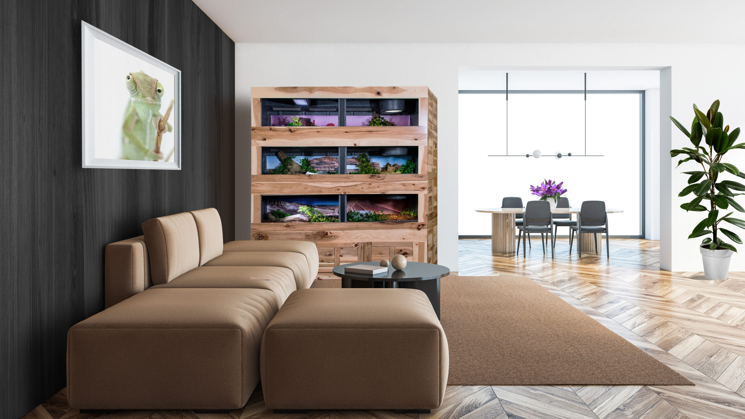 wood vision reptile enclosure in a well lit living room